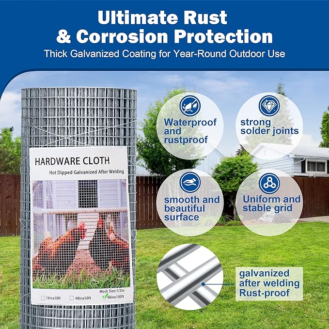 Hardware Cloth, Chicken Wire Mesh 1/2 inch 48in x 100ft, Chicken Wire Fence Rolls for Garden Plants, for Chicken Coops and Pet Fences Heavy Duty Cutting Pliers and Gloves