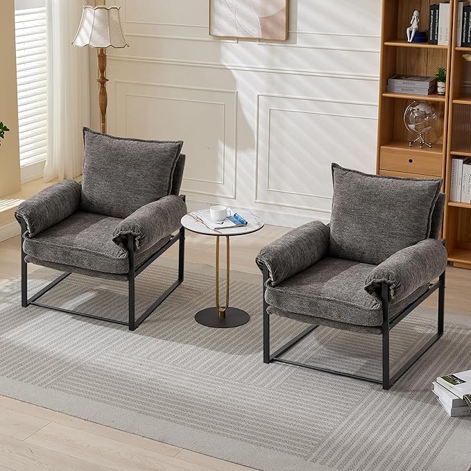 YISHENG Accent Chair with 6-Angle Adjustable Backrest, Chenille Fabric Living Room Chair Upholstered Lounge Chair, Modern Chair Cozy Reclining Chair for Reading Room, Set of 2 Gray