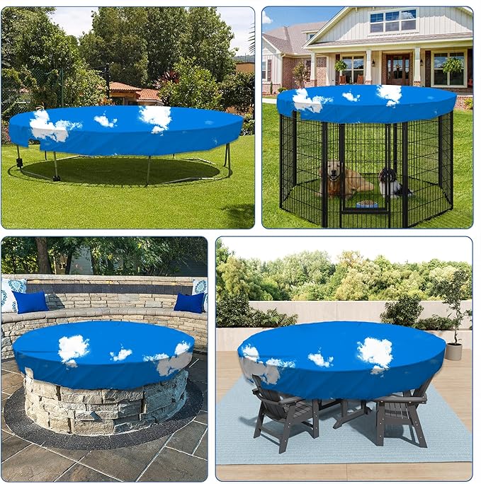 ECOOPTS 8 ft Waterproof Round Polyester Pool Cover for Above Ground Pools, Swimming Pool Cover Protector Winter Safety Cover (Blue Sky)