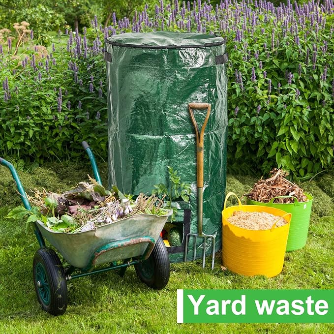 Ctosree 4 Pieces Compost Bin Bags Large 34 Gallon Reusable Yard Waste Lawn Bags Heavy Duty Garden Composting Garbage Can Outdoor Container with Zipper Lid and Handles for Loading Leaf Trash
