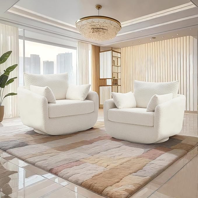 360° Swivel Accent Armchair Set of 2, 39.3" Oversized, Sherpa Boucle Fabric Sofa Chair with Removable Back & Arm Pillows, Swivel Chairs with Cozy Soft Padded, No Assembly Required, White