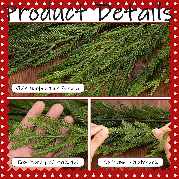 Watayo 2 Pcs Christmas Norfolk Pine Garland, 6 Ft Dense Real Touch Pine Garland Ornament, Realistic Artificial Pines Greenery Garlands for Mantle, Table, Fireplace, Indoor, Outdoor Xmas Decoration