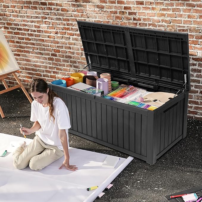 DWVO 150 Gallon XL Deck Box with Divider & Lockable Lid, Waterproof Resin Outdoor Storage for Patio, Garden, Poolside, Cushions, Supplies & Sports Gear, Black