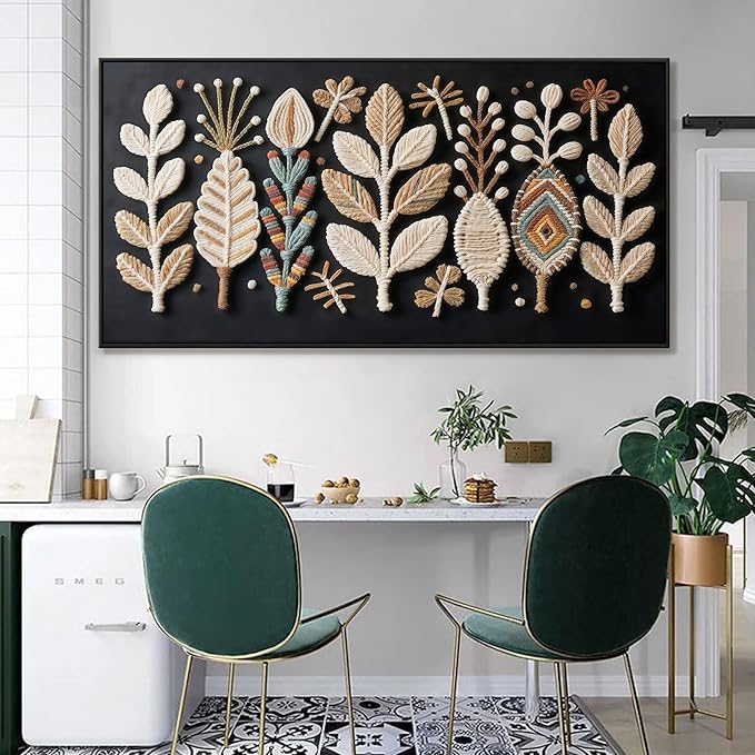 Large Boho Black Wall Art For Living Room Chic Home Wall Art Modern Multicolor Leaves Feather Canvas Wall Art Decor Picture For Bedroom Apartment Kitchen Home Wall Decor 29" X 58" With Framed