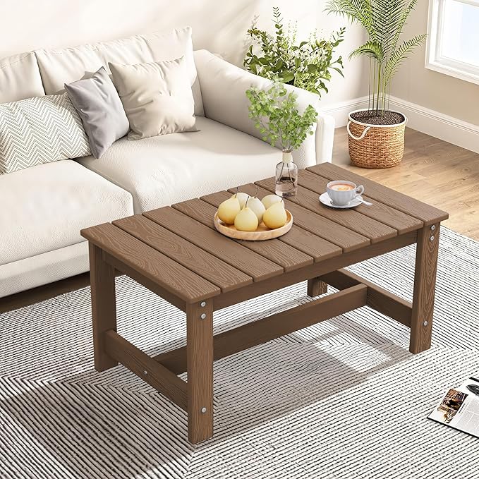 SERWALL Patio Coffee Table, HDPE Rectangle Outdoor Coffee Table, Brown