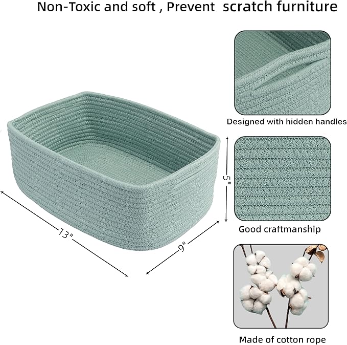 Small Woven Storage Baskets 13“X9”X5“ Decorative Rope Bins for Organizing Shelves, Closets, and Toys, Empty Gift Baskets, Cute Organizer Basket for Home and Office (green, Large)