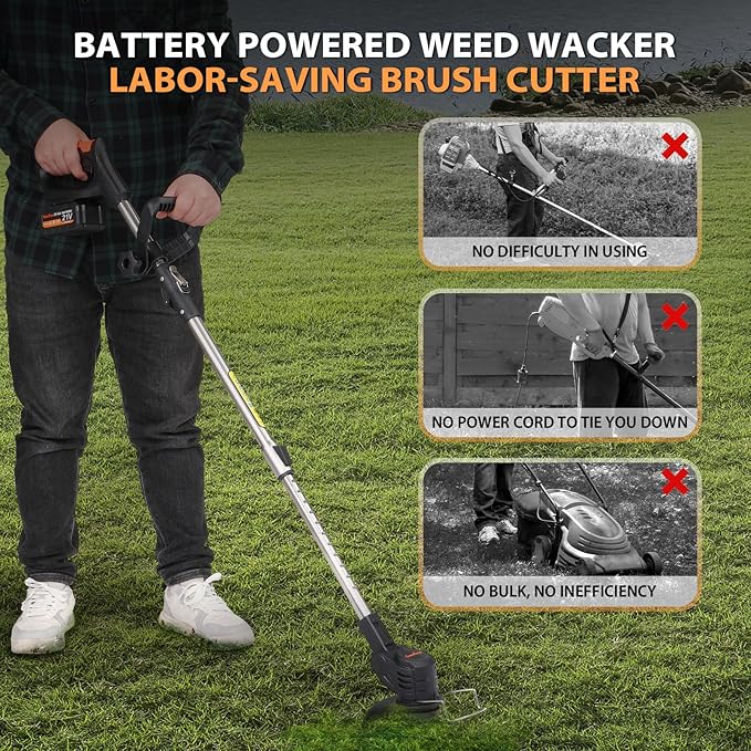 21V Electric Weed Eater, Cordless Brush Cutter Trimmer with Adjustable Pole & Battery-Powered, Lightweight & Low Noise, Foldable 3-in-1 Weed Wacker for Outdoor, Garden and Yard Use