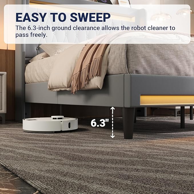 Allewie Upholstered Full Size Platform Bed Frame with LED Light and Charging Station, Button Tufted High Headboard, Wingback Design, Noise Free, Easy Assembly, No Box Spring Needed, Grey