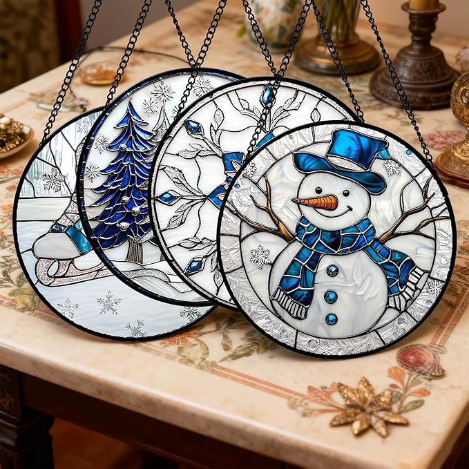 Stained Glass Window Hanging 4 Pcs Set White Winter Christmas Snow Scene 9.8" - Suncatcher Door Garden Sun Catcher Decor Birthday for Mom Woman Nana Men Friend Wife