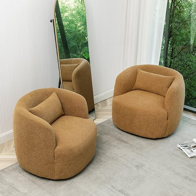 KINWELL 34" Wide Boucle Swivel Barrel Chairs Set of 2, No Assembly Round Upholstered Armchairs Accent Chairs Single Sofa Chair with Toss Pillow for Living Room and Bedroom, Brown