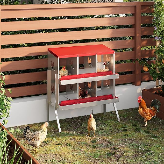 Chicken Nesting Boxes with Roll Away Egg Tray,6/8/10 Compartments, Steel Rustproof & Ventilated Laying Boxes for Hens, Chickens, Ducks, Easy-Clean Poultry Coop Accessories Stand/NO Stand