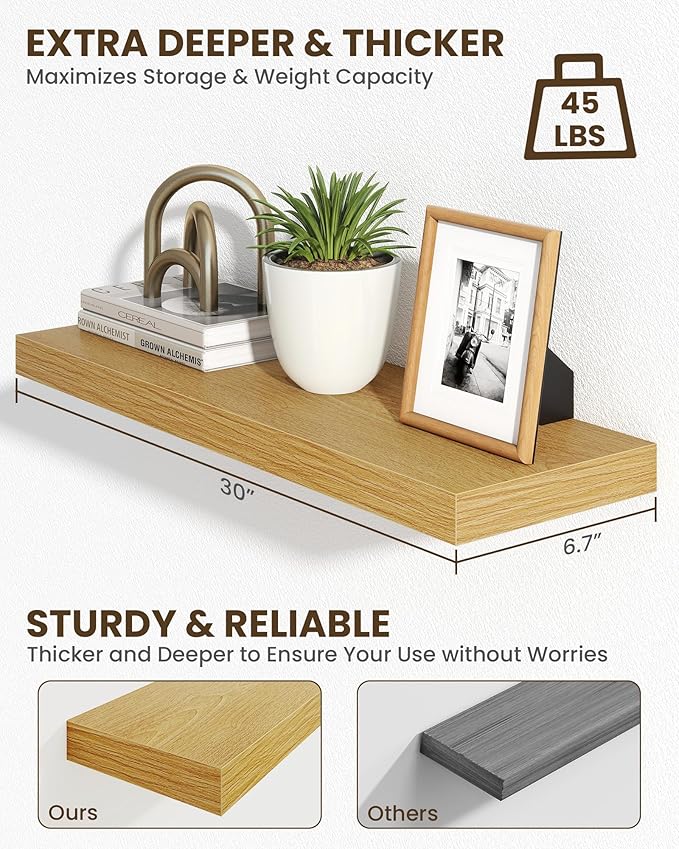 Marsmiles 30" Floating Shelves for Wall, Wooden Shelves with Invisible Brackets Set of 2, Rustic Farmhouse Wall Mounted Shelf for Kitchen Bathroom Living Room Study, Natural Oak