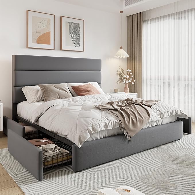 Allewie Modern Full Size Platform Bed Frame with 4 Storage Drawers and Velvet Upholstered Headboard, Wooden Slats Support, Upholstered Mattress Foundation/No Box Spring Needed/Easy Assembly, Grey