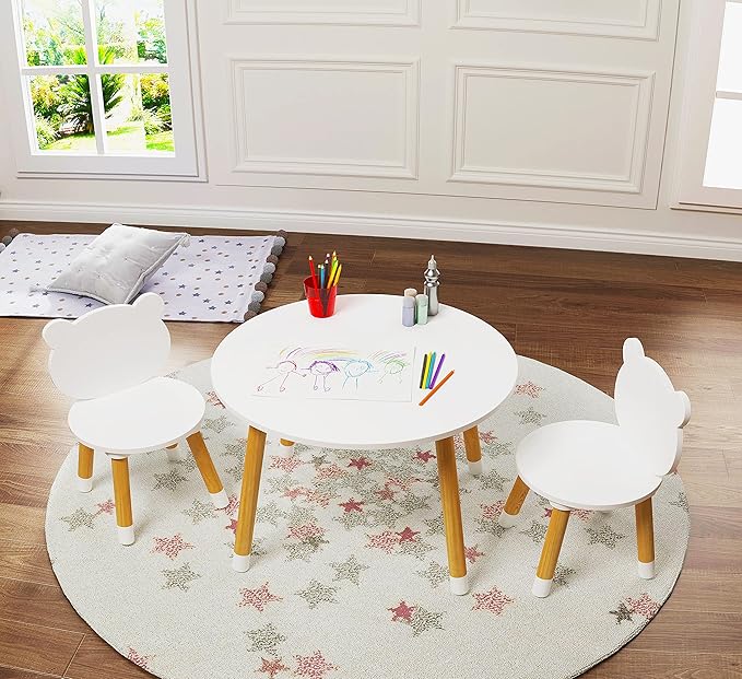 UTEX Kids Wood Table and Chair Set, Kids Play Table with 2 Chairs,3 Pieces Wood Round Table for Toddlers, Girls, Boys,White