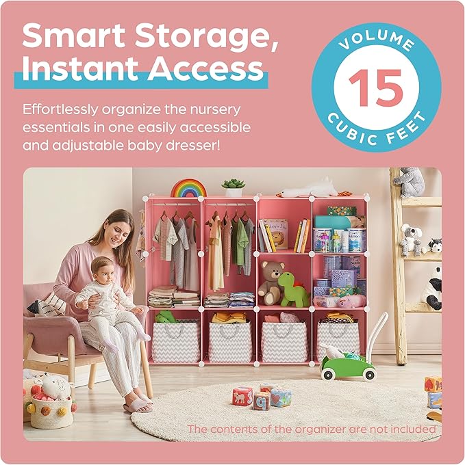 Baby Closet Organizer for Nursery - Durable Baby Wardrobe Armoire for Closet - Customizable Dresser Shelves - Waterproof Shelf Clothes Organizer w/Wall Fixation (Pink)