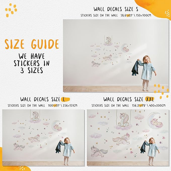 Unicorn Wall Decals by Lipastick - Vibrant Glitter Moon, Stars, Cloud Stickers for Girls Bedroom, Baby Nursery, Kids Room, Birthday Party Decor Art- Wall Stickers for Girls Room