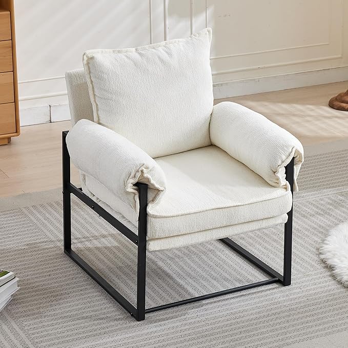 YISHENG Accent Chair with 6-Angle Adjustable Backrest, Chenille Fabric Living Room Chair Upholstered Lounge Chair, Modern Chair Cozy Reclining Chair for Reading Room, 1PC White
