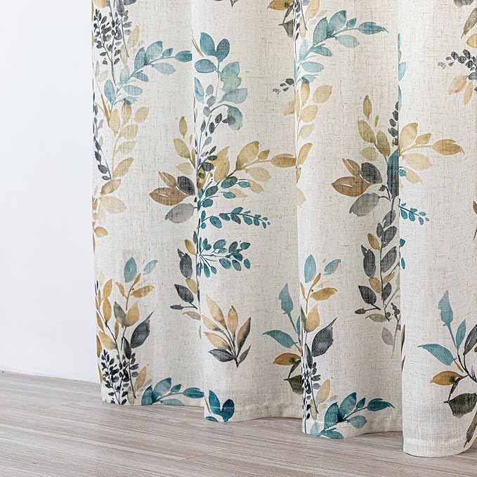 MYSKY HOME Bedroom Linen Look Semi Sheer Floral Curtains 63 inch Length 2 Panels for Kitchen Small Window Kids Room Decor Leaves Pattern Light Soften Privacy Drapes, Yellow and Blue, 2Pcs