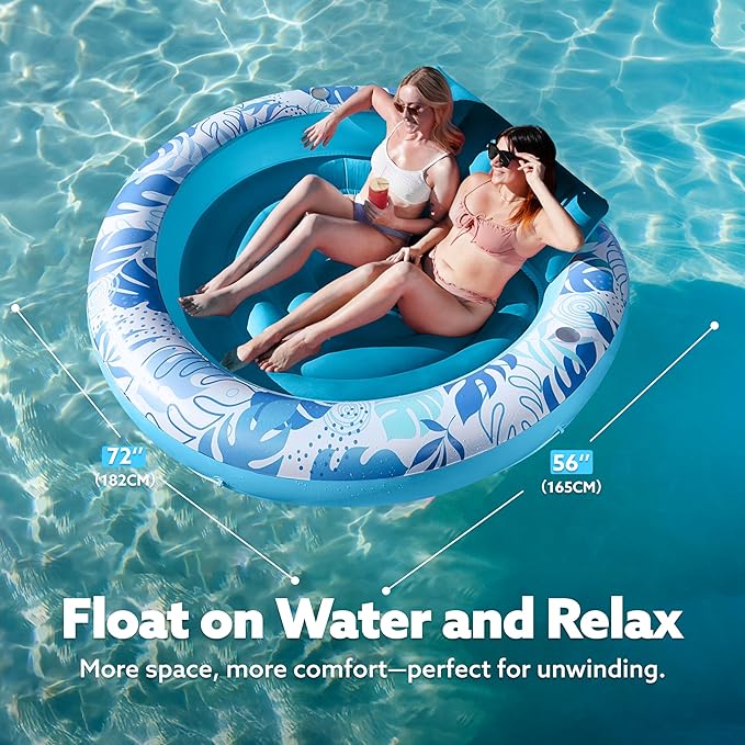 SLOOSH Inflatable Tanning Pool Lounger Float,72" x 65" Pool Floats Adult with Pillow,Luxury Fabric Large Suntan Tub Raft Floatie,Sunbathing Bed Lounge for Water Blow Up Kids Ball Pit Party Gifts,Blue