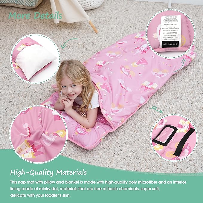 ACRABROS Toddler Nap Mat with Pillow and Blanket, Extra Large Rolled Napping Mats,Slumber Bags for Boys Girls,Kids Sleeping Bag for Daycare, Preschool Travel Camping,Little Princess