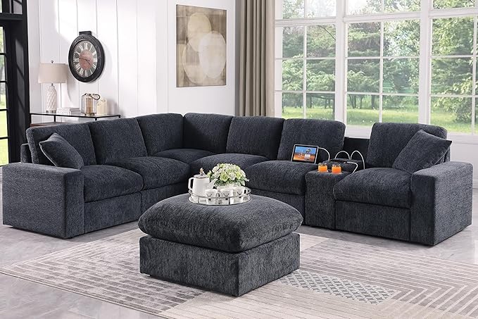 127" Modular Sectional Sofa,Modern Oversized Cloud Couch with Cup Holder&USB Port,7 Seat Convertible L-Shaped Chenille Sofas W/Ottoman,Pillows&Storage Box,Comfy Couches for Living Room,Dark Gray