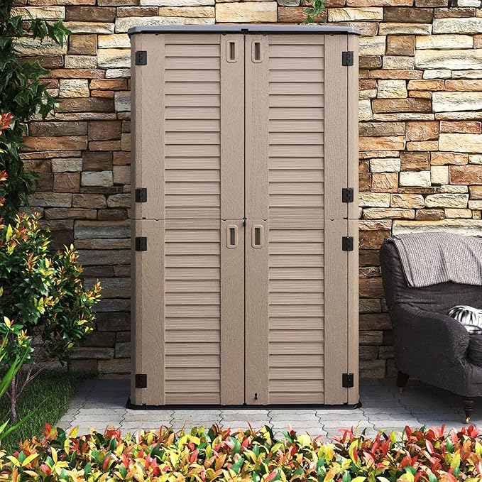 HOMSPARK Storage Shed Weather Resistance, Multi-Purpose Outdoor Storage Cabinet Waterproof, Outdoor Storage Cabinet for Garbage Cans, Lawnmower, Garden Accessories (Coffee, Tall shed-53 cu ft)