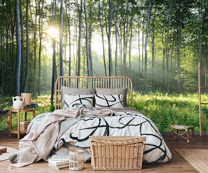 Green Sunshine Forest Woodland Wallpaper Mural for Living Room Bedroom Dining Room Basement(Not Self-Adhesive)