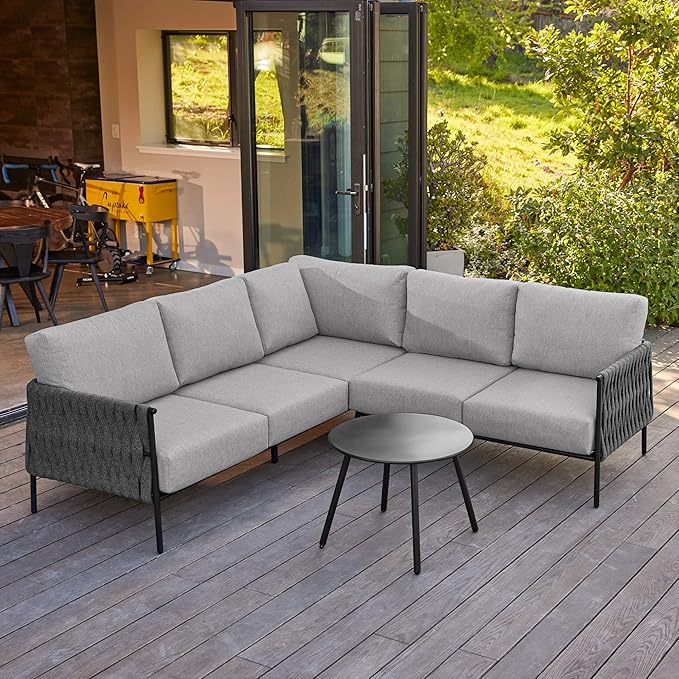 EAST OAK Corner Patio Furniture Set | Life Chatter 5-Seat Outdoor Furniture | Deep Seating Corner Sofa with Round Coffee Table | Extra-Thick & Washable Cushions | Misty Grey