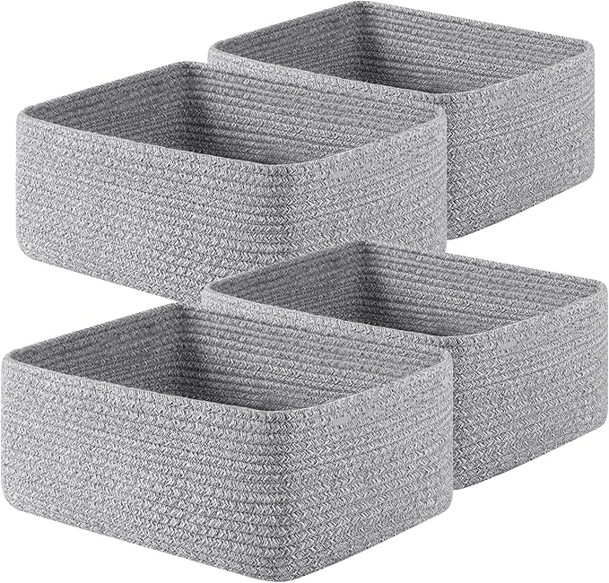 OIAHOMY 4 Pack 14.17*11.02*6.3IN Storage Baskets for Organizing Shelves, Woven Rope Baskets for Organizing Books, Clothes, Decorative Basket for Living Room, Nursery, Bedroom, Gift Basket, Grey