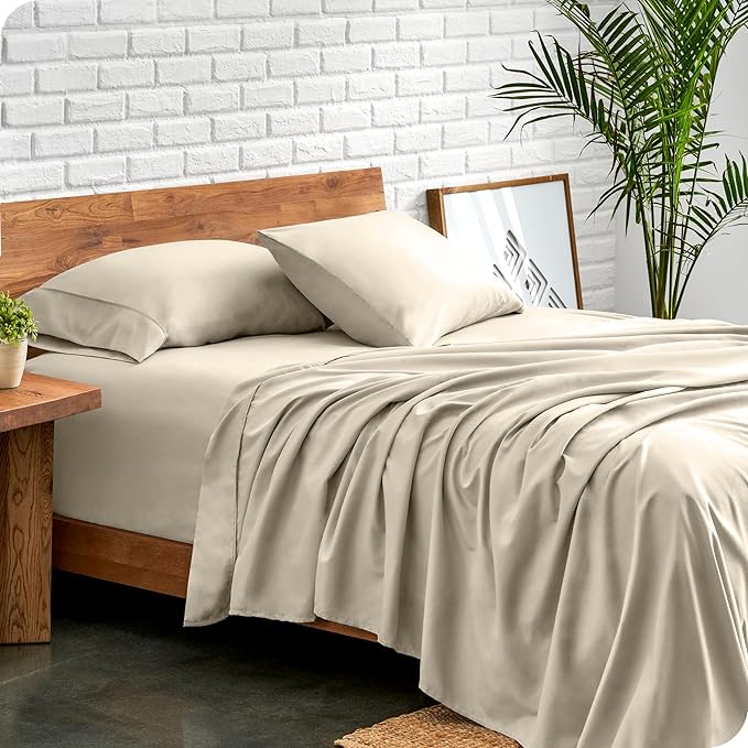 Bare Home Short Queen Sheet Set - 1800 Ultra-Soft Microfiber - Double Brushed - Deep Pockets - Easy Fit - 4 Piece Set - Bed Sheets (Short Queen, Sand)