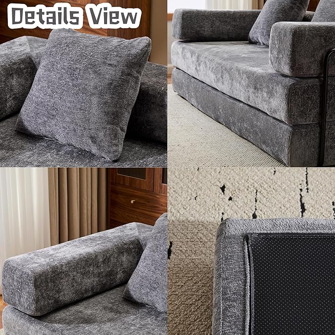 Convertible Sofa Bed, Compression Futon Sofa with Pillows & Armrest, Foldable Mattress Couch with Fixed-Shape Frame, Comfy Couch Lounge Sleeper Bed for Living Room Bedroom, Dark Gray