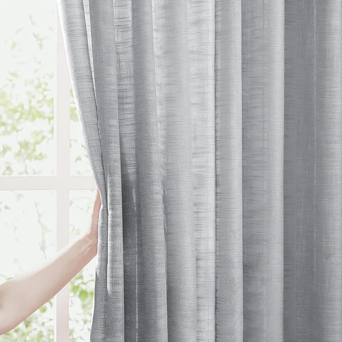 FMFUNCTEX Linen Semi Sheer Grey Curtains for Bedroom Living Room, Gray Curtain Panels 84 Inches Long Sheer Linen Textured Window Drapes Farmhouse Light Filtering 2 Panels Rod Pocket