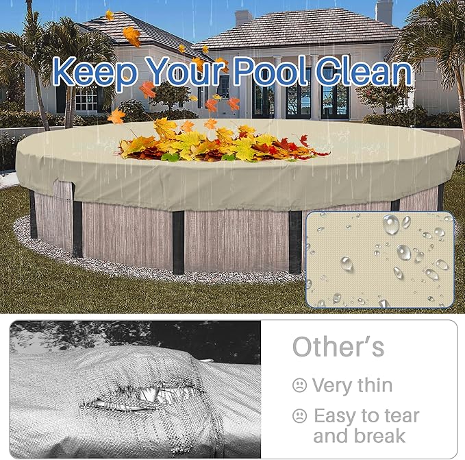 ECOOPTS 11 ft Waterproof Round Polyester Pool Cover for Above Ground Pools, Swimming Pool Cover Protector Winter Safety Cover (Beige)