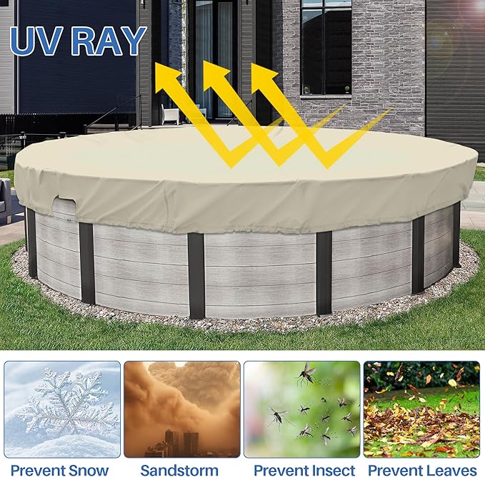 ECOOPTS 15 ft Waterproof Round Polyester Pool Cover for Above Ground Pools, Swimming Pool Cover Protector Winter Safety Cover (Beige)