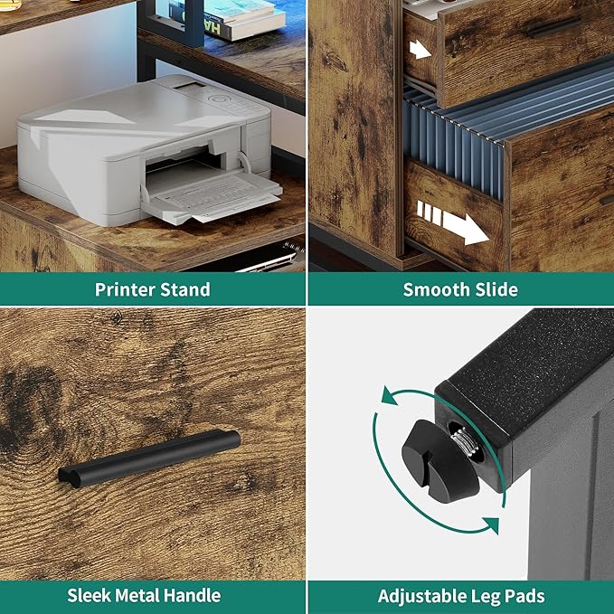 DWVO L Shaped Desk with Drawers, Reversible Computer Desk with Power Outlets, Corner Office Desk with Storage Shelves & LED Lights & Printer Stand, Rustic Brown