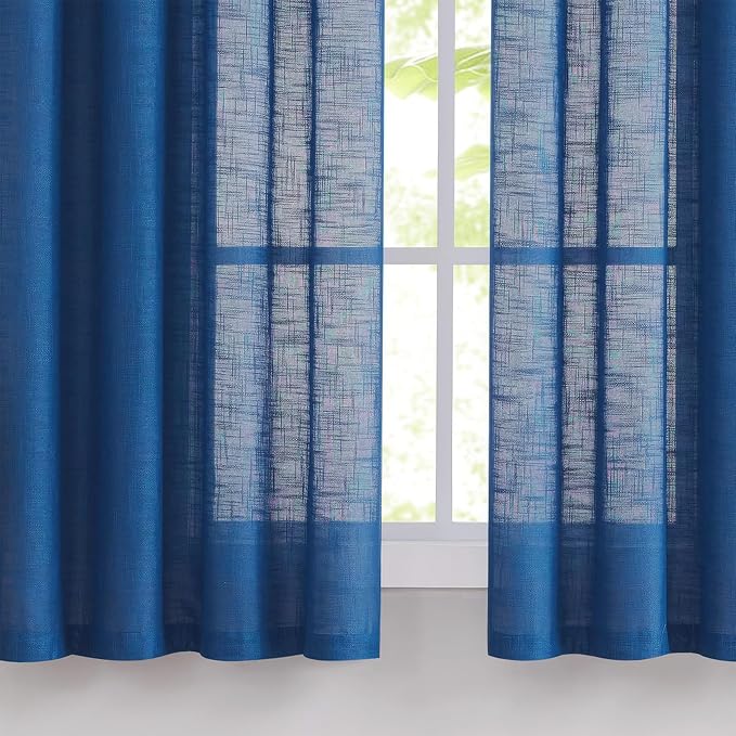 FMFUNCTEX Linen Semi Sheer Curtains for Bedroom, Navy Blue Curtains 63 Inch Length for Living Room, Country Farmhouse Sheer Drapes, Light Filtering Window Curtain, Grommet Top 2 Panels