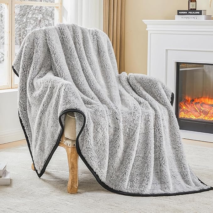 EMME Soft Sherpa Fleece Blanket Reversible Plush Fluffy Large Blanket, Light Weight Warm Decorative Boho Blanket Cover for Sofa, Couch, Bedroom,Travel(Black,60"x80")