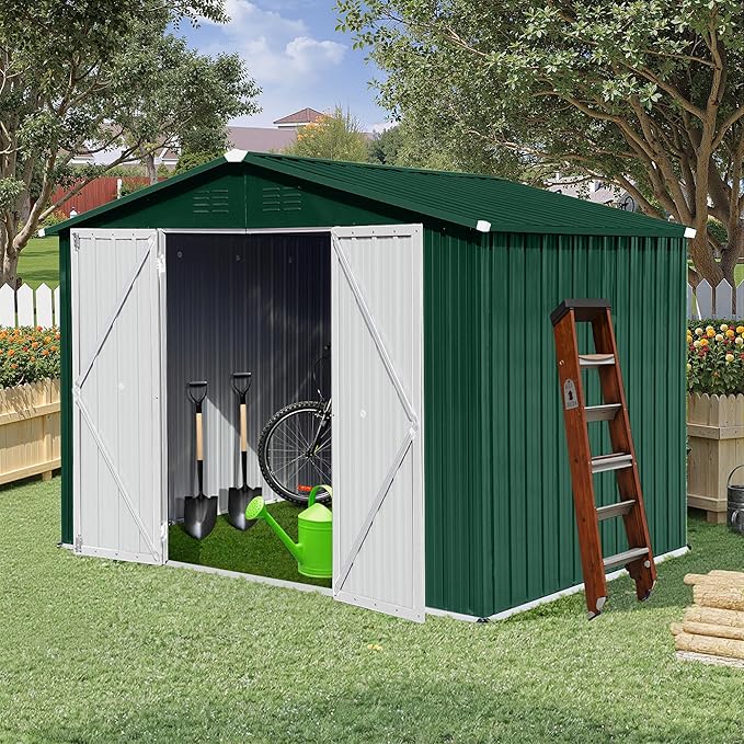Storage Shed 8ft×6ft Classic Apex Roof Tool Shed Outdoor Storage Metal Garden Storage Sheds Tool Cabinet with Hinged Door Syste for Backyard, Patio, Poolside, Green