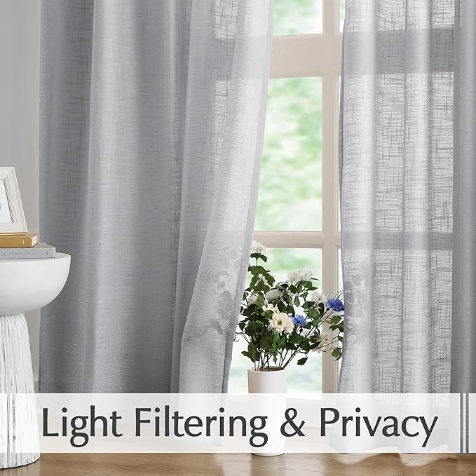 FMFUNCTEX Linen Semi Sheer Curtains for Bedroom, Grey Curtains 63 Inch Length for Living Room, Country Farmhouse Sheer Drapes, Light Filtering Window Curtain, Grommet Top 2 Panels