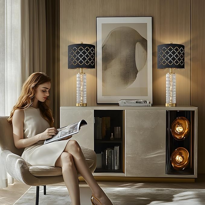 Oneach 27.75" Modern Table Lamps Set of 2, USB A+C, Unique Desk Lamps