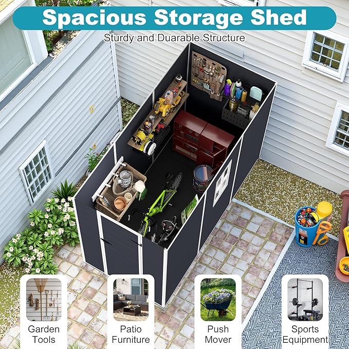4x8 FT Plastic Outdoor Storage Shed, Resin Plastic Tool Shed with Lockable Doors & Peaked Roof, Garden Shed with Side Window & Floor, for Backyard Garden Patio Lawn, Dark Gray