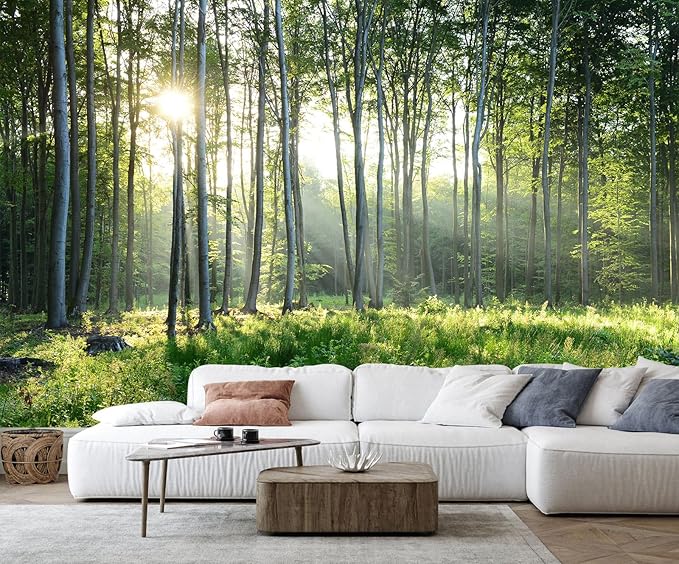 Green Sunshine Forest Woodland Wallpaper Mural for Living Room Bedroom Dining Room Basement(Not Self-Adhesive)