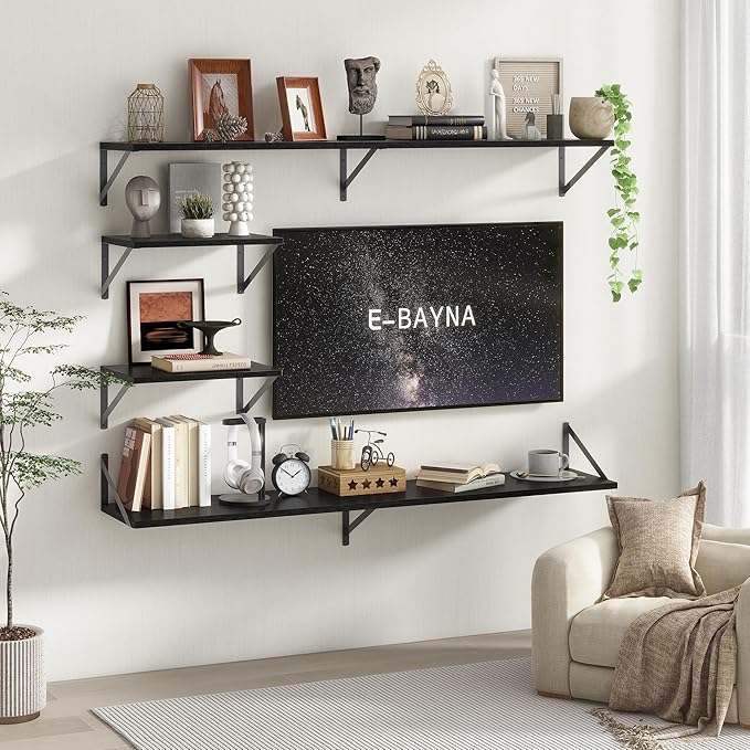 Floating Shelves 55 Inch Long, 10" Deep Floating Shelves, Black Wall Shelves 55 x 10, Set of 2, Wide Large Display Storage Shelves for Bathroom, Living Room, Rustic Wood Shelves with Brackets