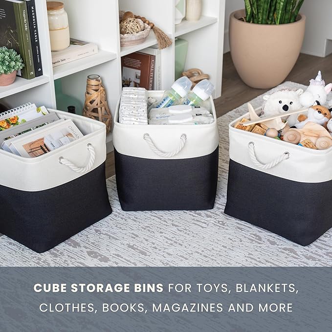 OrganiHaus 13x13 Cube Storage Bins 4 Pack, Foldable Cube Storage Organizer w/ Rope Handles, Collapsible Fabric Bins for Toys, Clothes & Closet Organization, Fabric Square Baskets - Black/White