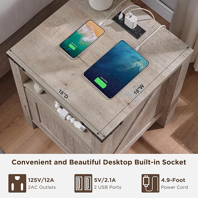 OKD Farmhouse End Table with Charging Station, 18" Rustic Nightstand with Adjustable Storage Shelf, Wood Rustic Wood Sofa Side Table for Bedroom