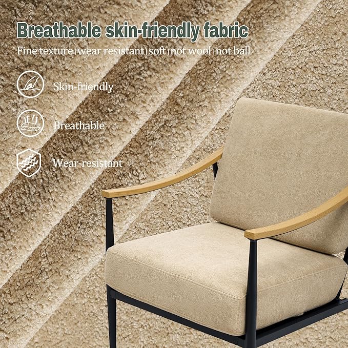 Modern Accent Chair for Living Room Bedroom Mid Century Arm Chair Upholstered Office Accent Chair Comfy Waiting Room Chair with Metal Frame, Khaki