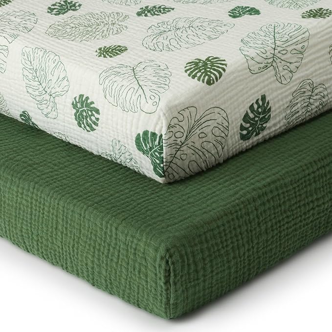 Blissful Diary Muslin Crib Sheets for Girl Boy, Boho Neutral Soft Cotton Baby Sheet for 52''x28'' Standard Crib Mattress, 2 Pack(Monstera&Dark Green)