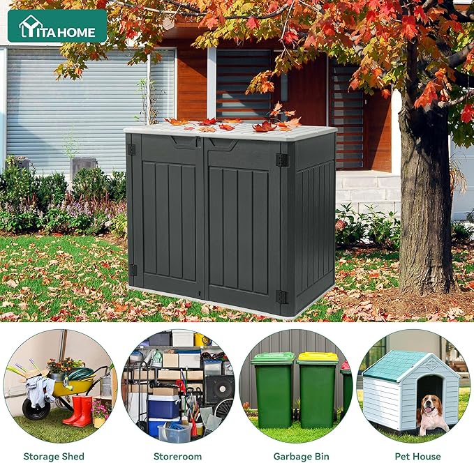 YITAHOME Large Outdoor Horizontal Storage Shed, 47 cu ft Resin Tool Shed w/o Shelf, Waterproof Outdoor Storage with Floor for Trash Cans, Garden Tools, Lawn Mower, Lockable, 4.5x2.8x3.9 ft, Dark Gray