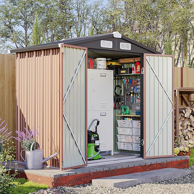 6x4 FT Outdoor Storage Shed with Base, Metal Garden Tool Shed with Sloping Roof & Lockable Door for Patio Lawn Backyard (Brown with Base)