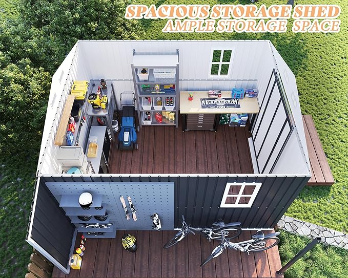 AMERLIFE 10.6x10.3x6.3 FT Galvanized Metal Storage Shed with Open Firewood Storage Area, Sliding Doors & Ramp, 2 Windows & Vents, Weather-Resistant Outdoor Tool/Garden Shed, Dark Gray